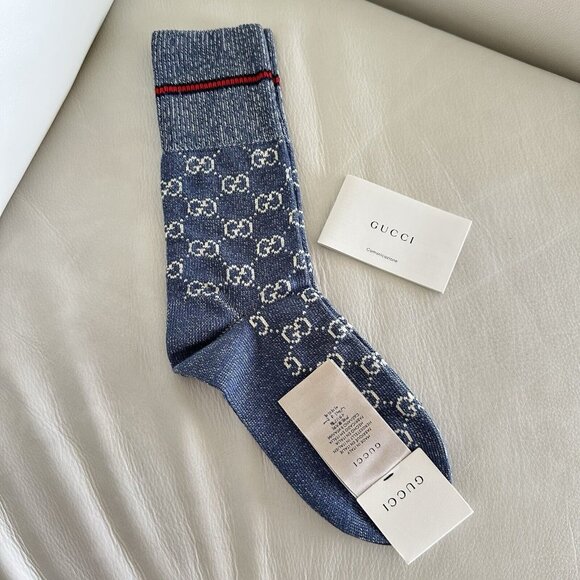 NWT GUCCI SOCKS BLUE GG LOGO Wool Sz L - Picture 3 of 5
